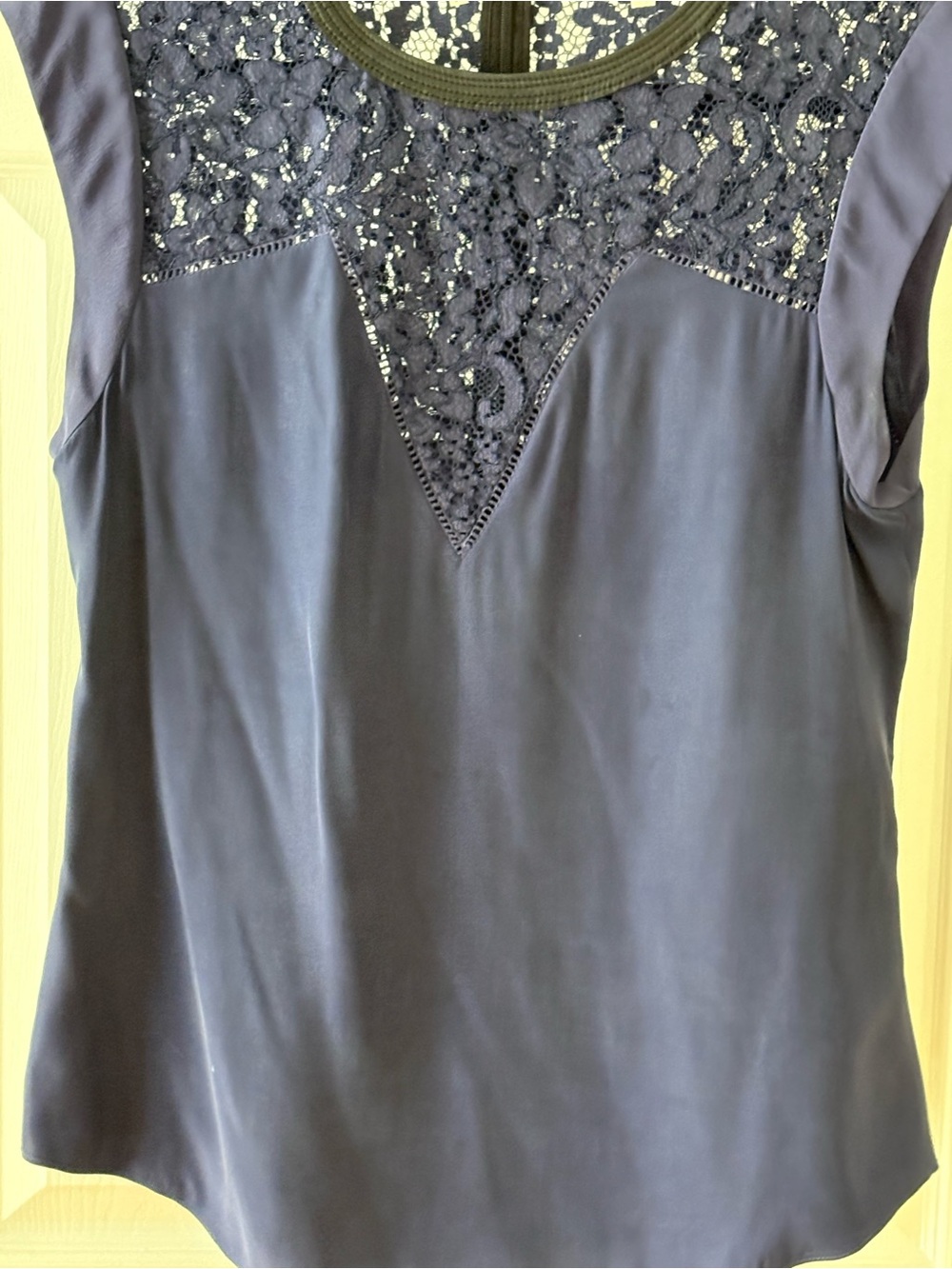 Rebecca Taylor Navy Lace Yoke Silk Blouse with black leather trim